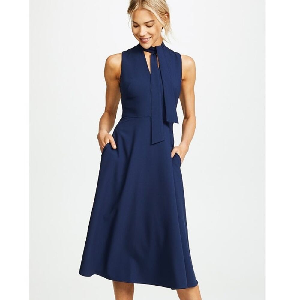 NWT Black Halo Carolina Navy A-Line Preppy Dress with Neck Tie Detail